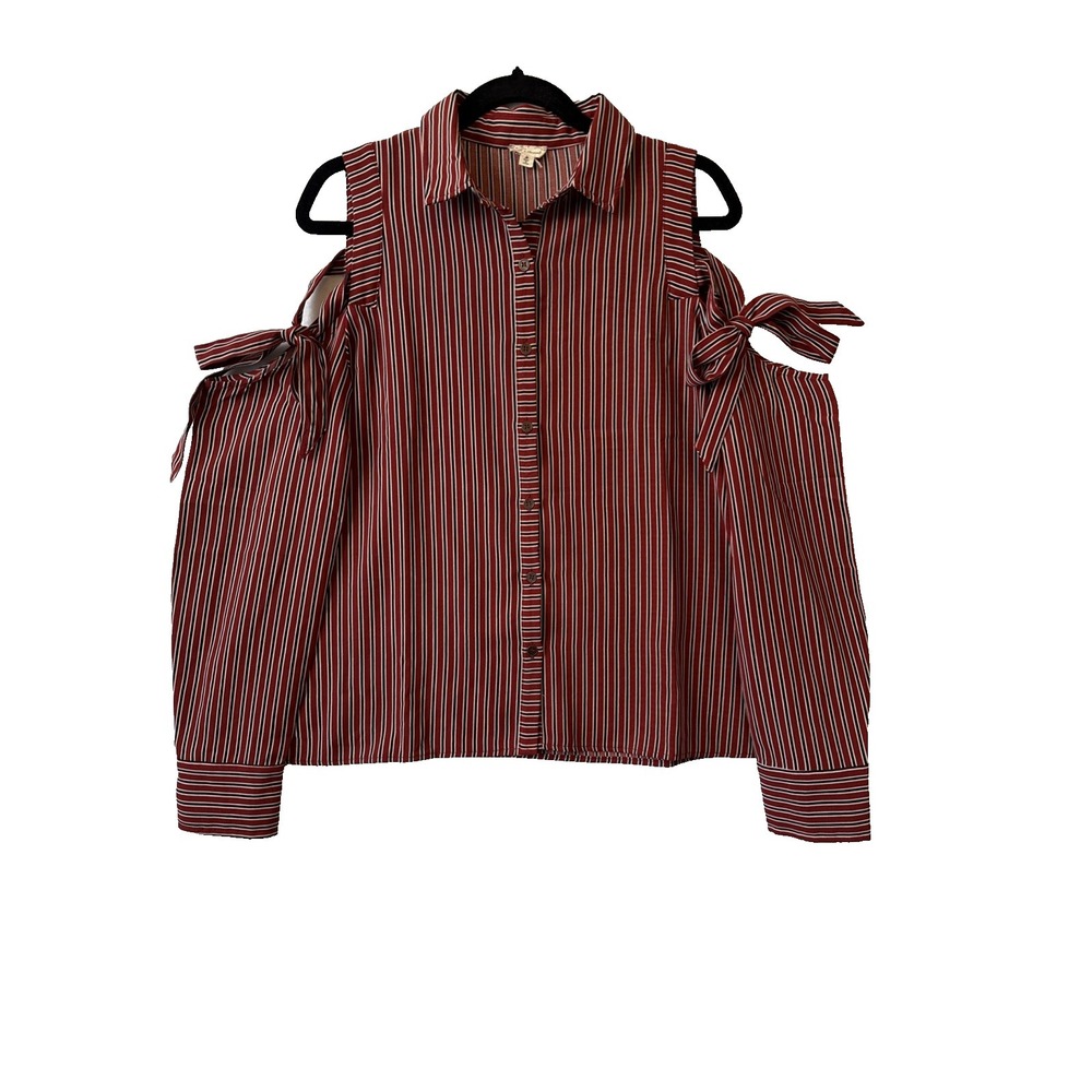 Hem & Thread Cold Shoulder Tie Button Up Red Stripe Shirt Womens‎ M Chic Boho